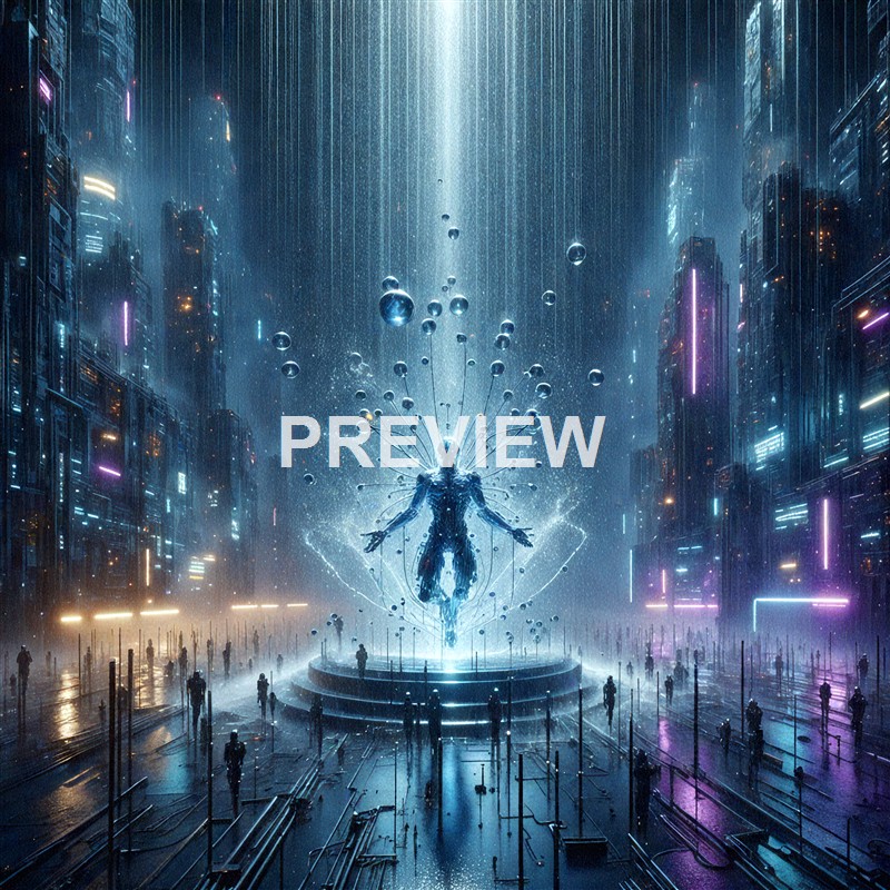 A futuristic scene featuring a humanoid figure with a glowing, mechanical body and floating orbs behind it, set in a high-tech city with tall illuminated skyscrapers and a reflective wet ground.
